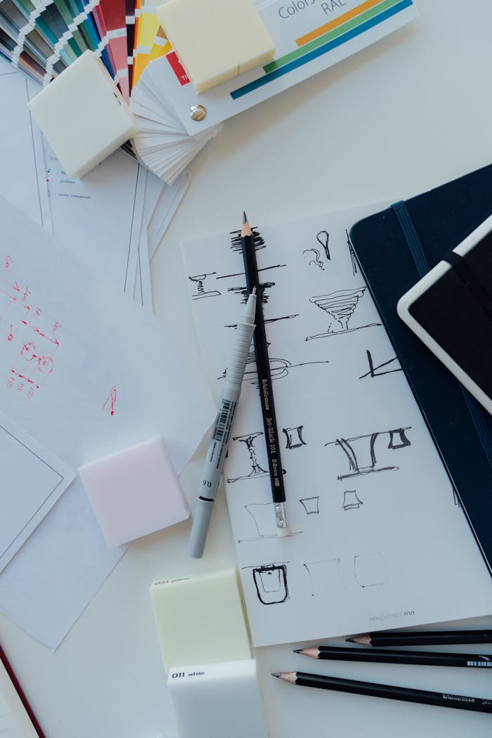 A creative workspace featuring sketches, color swatches, and design tools on a desk.